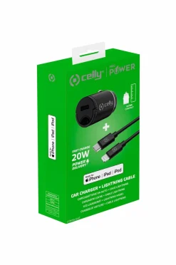 Celly Biloplader Mini USB-C PD 20W + USB-C til Lightning-kabel