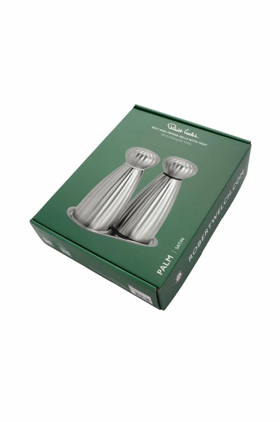 Robert Welch Salt- og peberkværne Palm Satin Medium med bakke Sæt